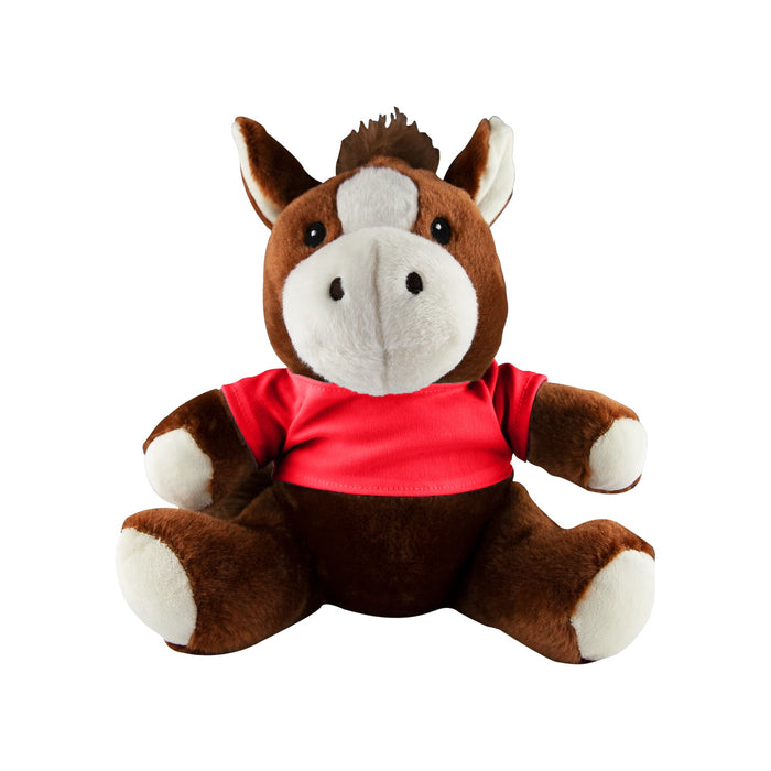 Horse Plush - A brown and white plush horse with a red shirt, featuring a logo on its chest.
