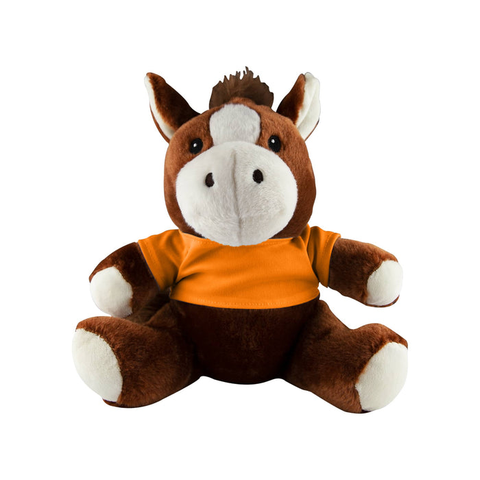 Horse Plush - A brown and cream horse plush toy wearing an orange shirt, featuring a friendly face and soft fur.