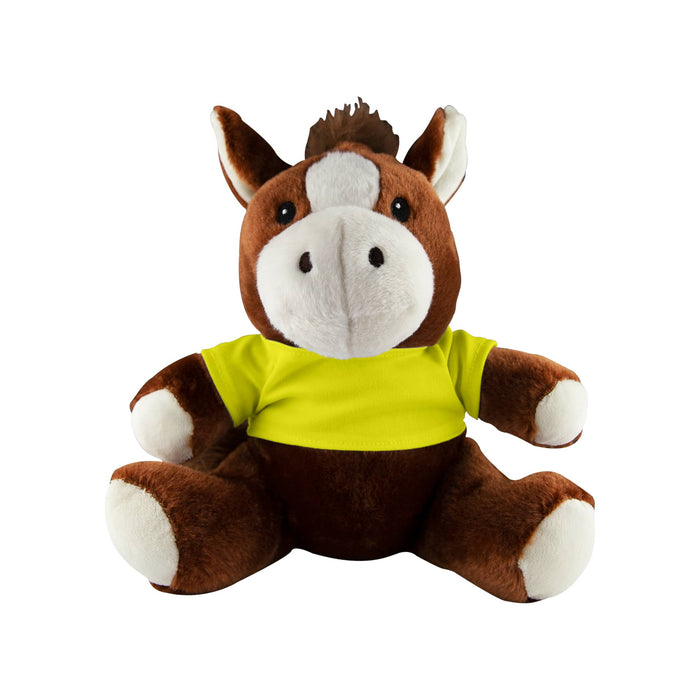 Horse Plush - A brown horse plush toy wearing a bright yellow shirt, featuring a soft textured finish and large, friendly features.