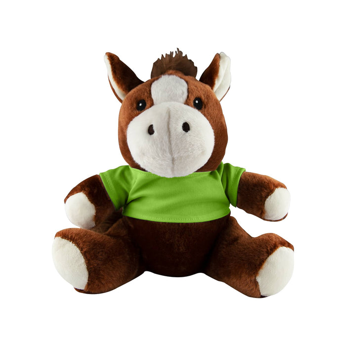 Horse Plush - A brown and cream horse plush toy with a green T-shirt, featuring a friendly face and soft, rounded body.