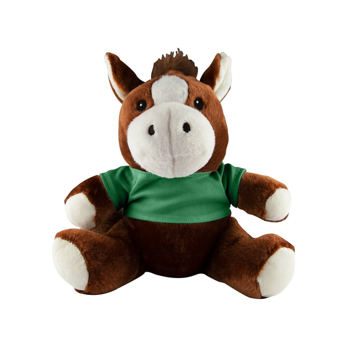 Horse Plush - A brown and cream horse plush toy wearing a green shirt, sitting upright with a friendly expression.