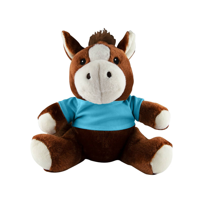 Horse Plush - A brown and white horse plush toy wearing a blue shirt, featuring large, friendly eyes and a tufted mane.