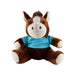 Horse Plush - A brown and white horse plush toy wearing a blue shirt, featuring large, friendly eyes and a tufted mane.