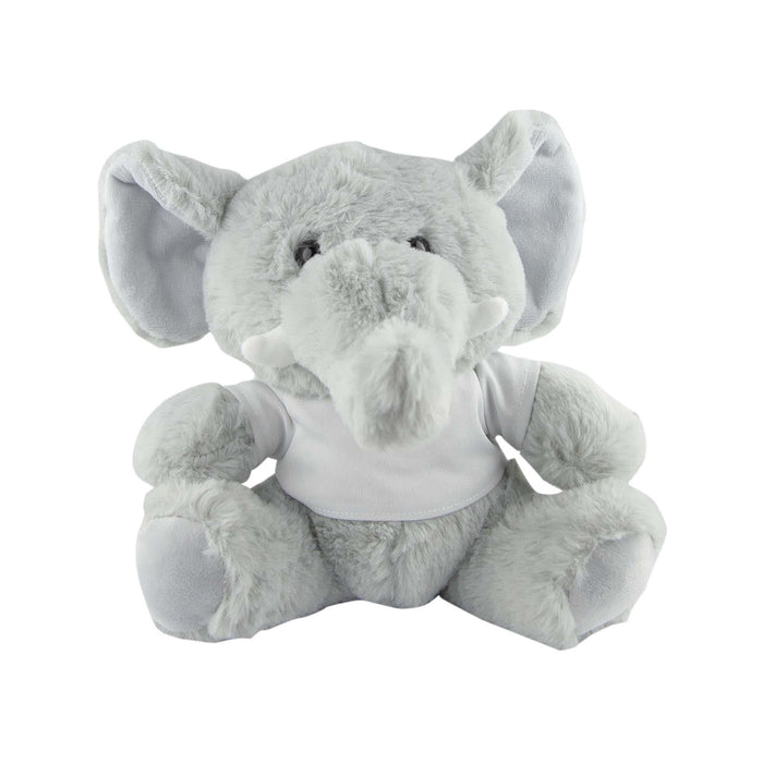 Elephant Plush - A grey elephant plush toy with large ears and a small white T-shirt, sitting upright. It has a soft and cuddly appearance.