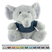 Elephant Plush - A grey elephant plush toy wearing a blue shirt, featuring large ears and a friendly expression. It has a multi-coloured design border.