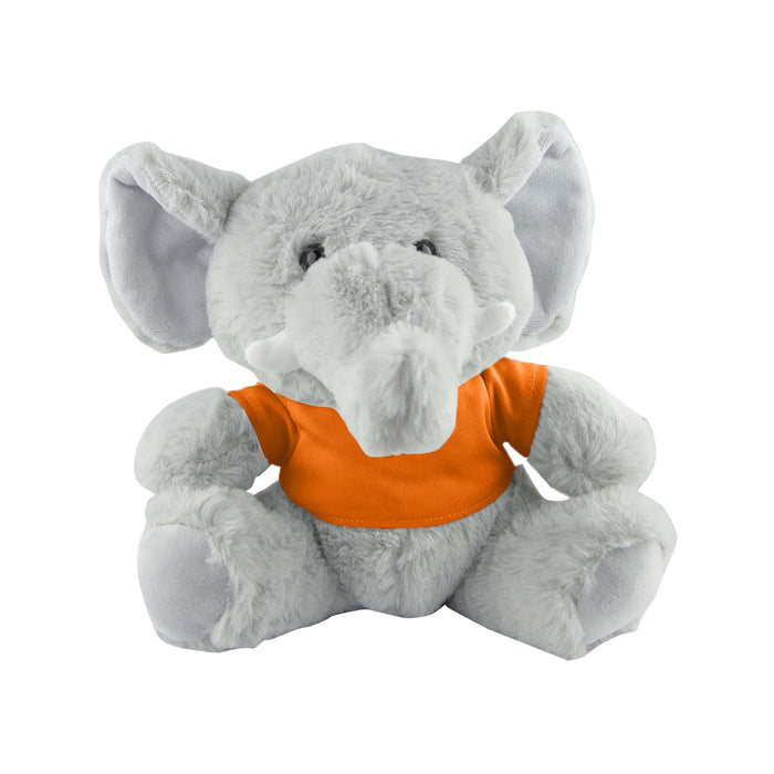 Elephant Plush - A grey elephant plush toy wearing an orange shirt, featuring large ears and a friendly expression.