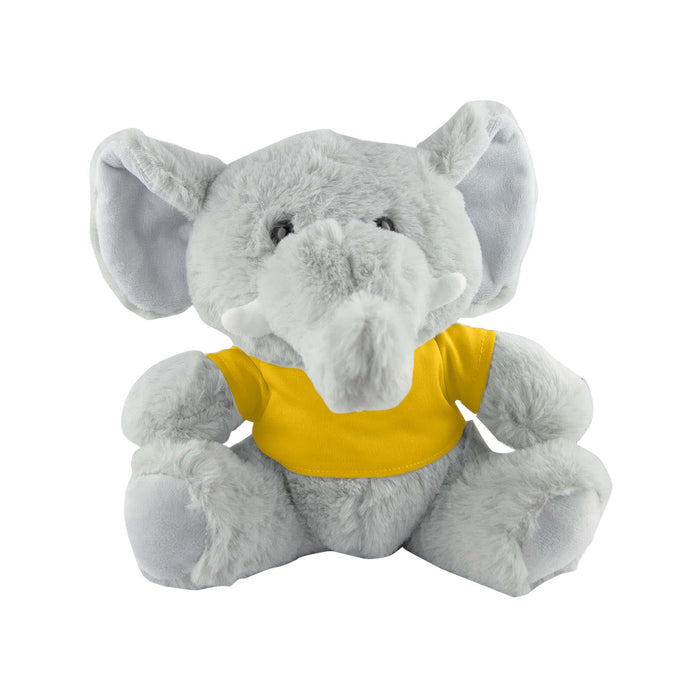 Elephant Plush - A grey plush elephant wearing a yellow T-shirt, with large ears and a friendly expression.