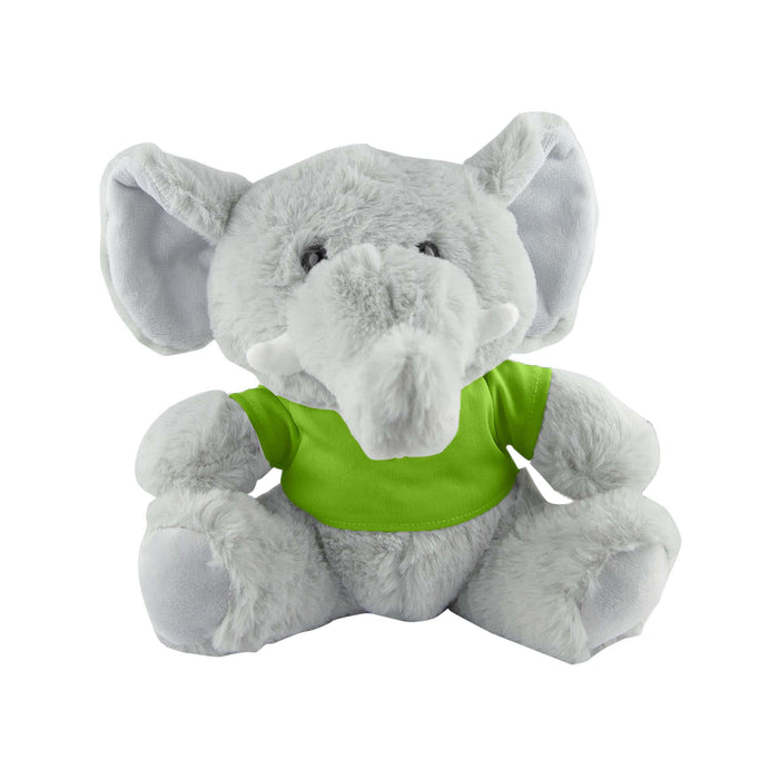 Elephant Plush - A grey elephant plush toy wearing a green shirt, with large ears and a friendly expression. It has a logo on its shirt.