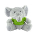 Elephant Plush - A grey elephant plush toy wearing a green shirt, with large ears and a friendly expression. It has a logo on its shirt.