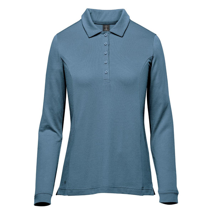 Women's Nevada L/S Micro Pique Polo - A long-sleeve women's polo in a soft blue colour with a collar and button front, featuring a logo.