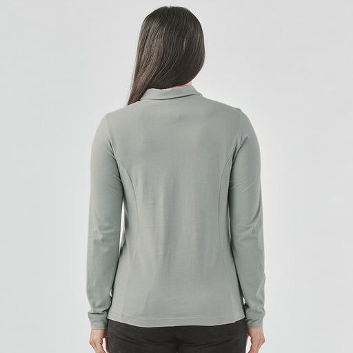 Women's Nevada L/S Micro Pique Polo - A grey long-sleeve polo shirt for women, featuring a classic collar and a fitted design. Includes a logo.