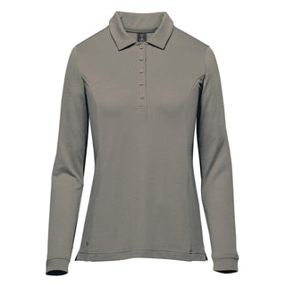 Women's Nevada L/S Micro Pique Polo - A long-sleeve women's polo in a muted grey tone, featuring a collar and buttons, along with a logo.