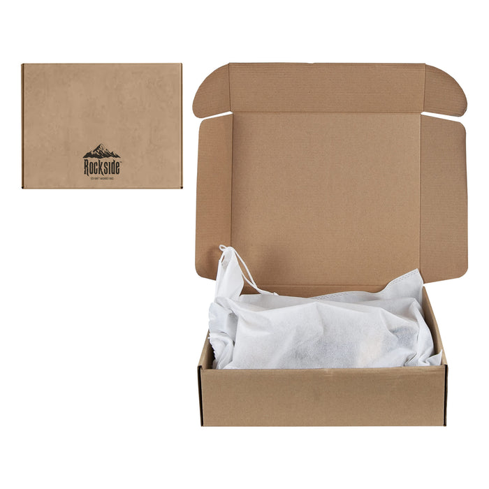 Sewo Kraft Paper Storage Bag – Large - A kraft paper box with a logo, opened to reveal white tissue paper inside. The box is in a neutral brown colour.