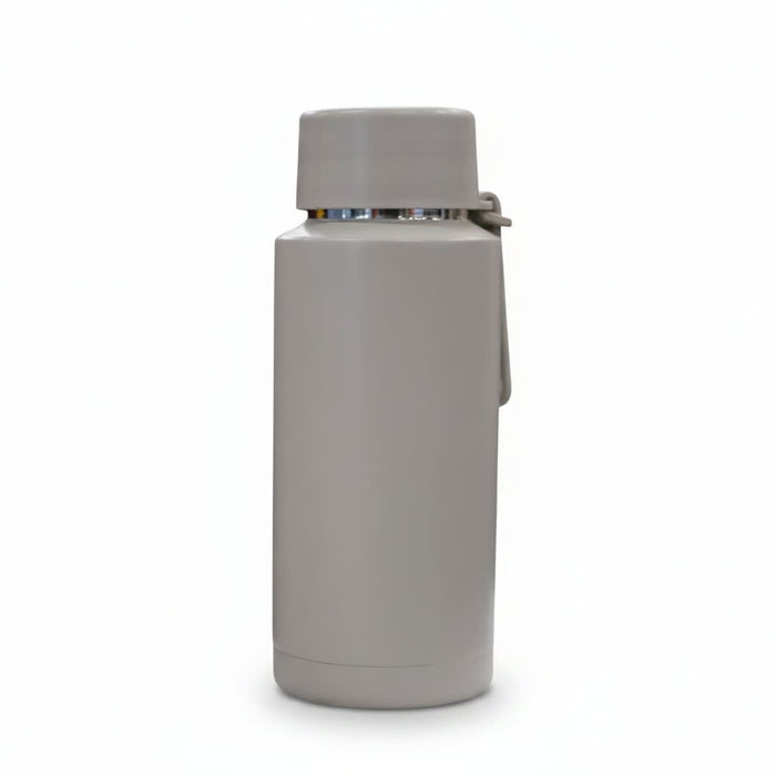 The Sofia 1L Bottle - A drink bottle in light grey with a screw-top lid and a silver interior, featuring a logo.