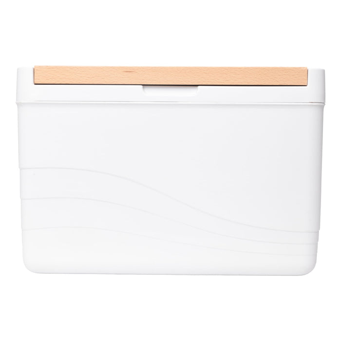 11L Premium Cooler Box - A white cooler box with a wooden lid, featuring a smooth, wavy design and a simple logo.