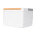 11L Premium Cooler Box - A white cooler box with a wood-accented lid and a smooth design. It features a logo on one side.