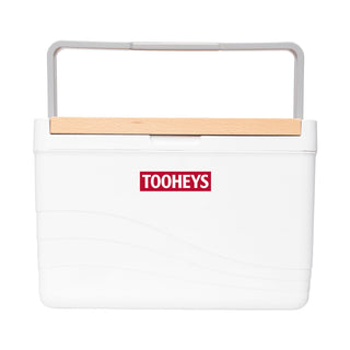 11L Premium Cooler Box - A white cooler box with a wooden handle and a logo on the front. Suitable for keeping items cool.