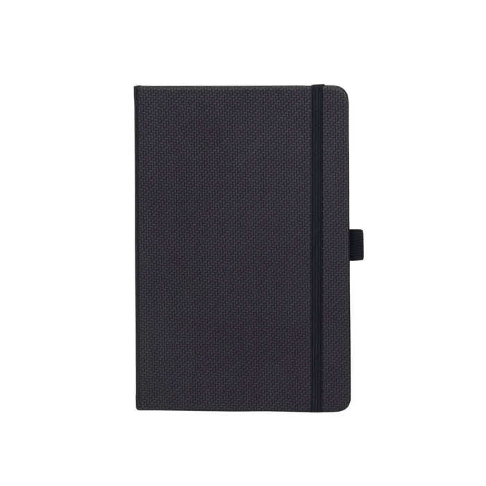 A5 Carbon Notebook - A5 carbon notebook in black featuring a textured cover and an elastic band closure. Includes a branding logo.