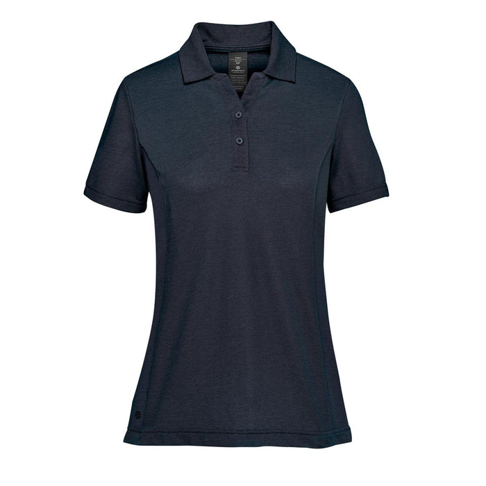 Women's Sonora H2X-Dry Polo - A dark navy women's polo shirt with a collared neck and short sleeves. It features buttons and a logo.