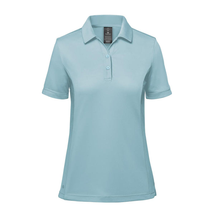 Women's Monterey Polo - A light blue women's polo shirt with a collar and short sleeves. Features a logo on the design.