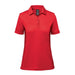 Women's Monterey Polo - A red women's polo shirt with a collar and short sleeves, featuring a branding logo.