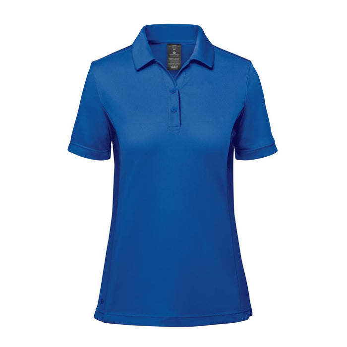 Women's Monterey Polo - A blue women's polo shirt with a collared neckline and short sleeves, featuring a logo.