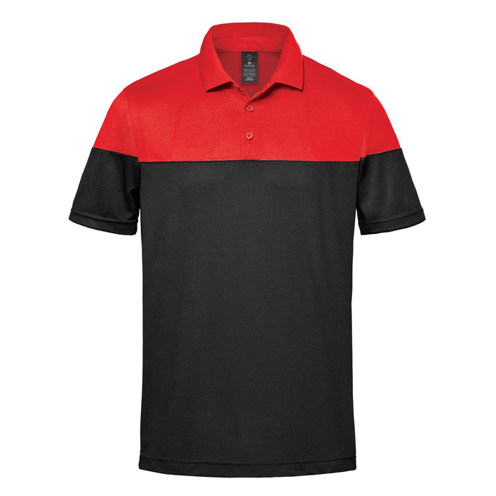 Men's Monterey Two-Tone Polo - A two-tone polo shirt featuring a red upper section and black lower section. The shirt has a collar and branding.
