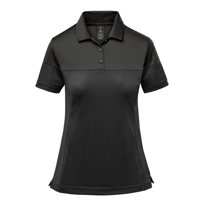 Women's Monterey Two-Tone Polo - A women's two-tone polo shirt in black, featuring a collared neckline and short sleeves. It includes a logo.