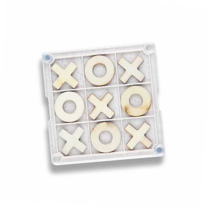Tic Tac Toe Board Game Coaster - A Tic Tac Toe board game coaster featuring a white and natural wood design with X and O pieces. It has a clear protective cover.