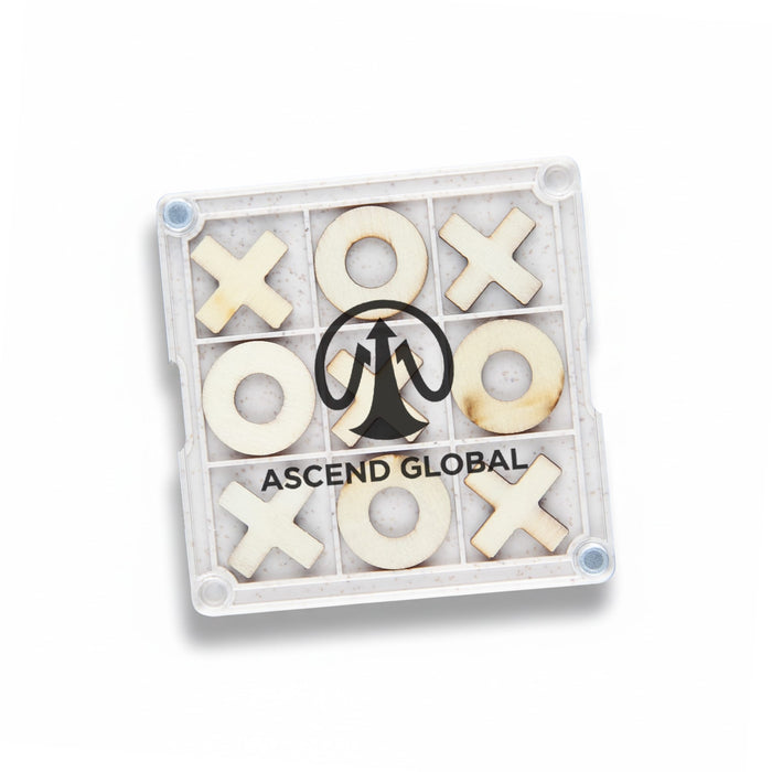 Tic Tac Toe Board Game Coaster - A Tic Tac Toe board game coaster with a clear base featuring wooden X and O pieces and a logo in the centre.