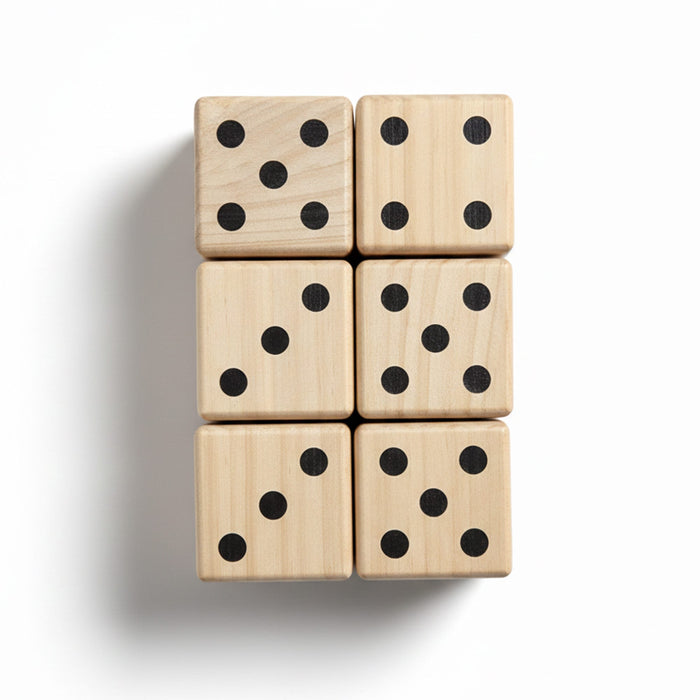 Wooden Yard Dice set - A set of six wooden yard dice, featuring a light natural wood finish with black dots.