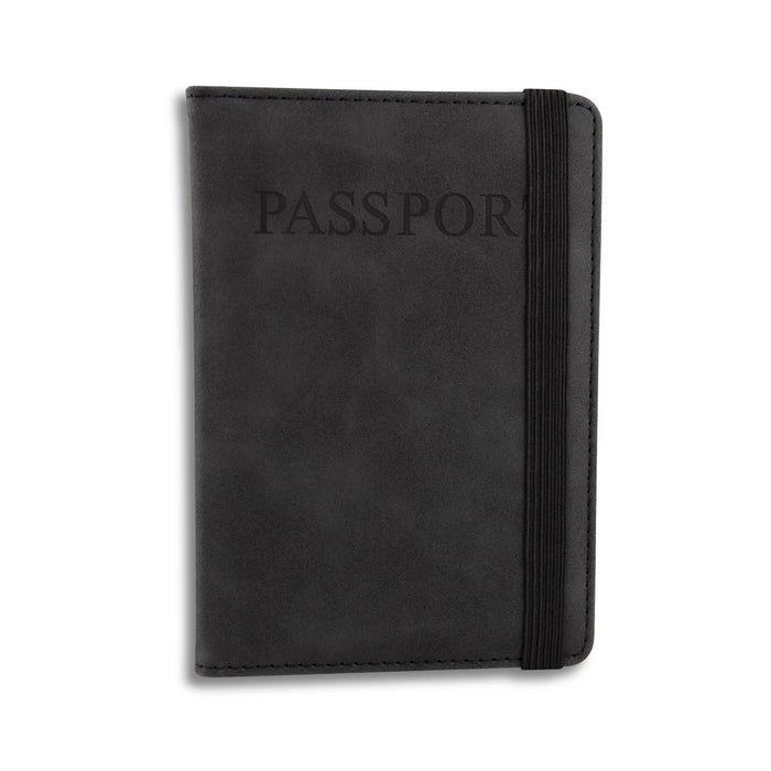 Traveller Passport Wallet - A black passport wallet featuring a secure elastic band and embossed "PASSPORT" detail on the front.