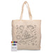 Squiggle Calico bag + Crayon set - A cream calico tote bag featuring a space-themed colouring design, alongside a set of colourful crayons.