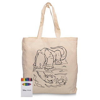 Squiggle Calico bag + Crayon set - A cream calico bag with a cartoon animal design and a set of colourful crayons beside it.