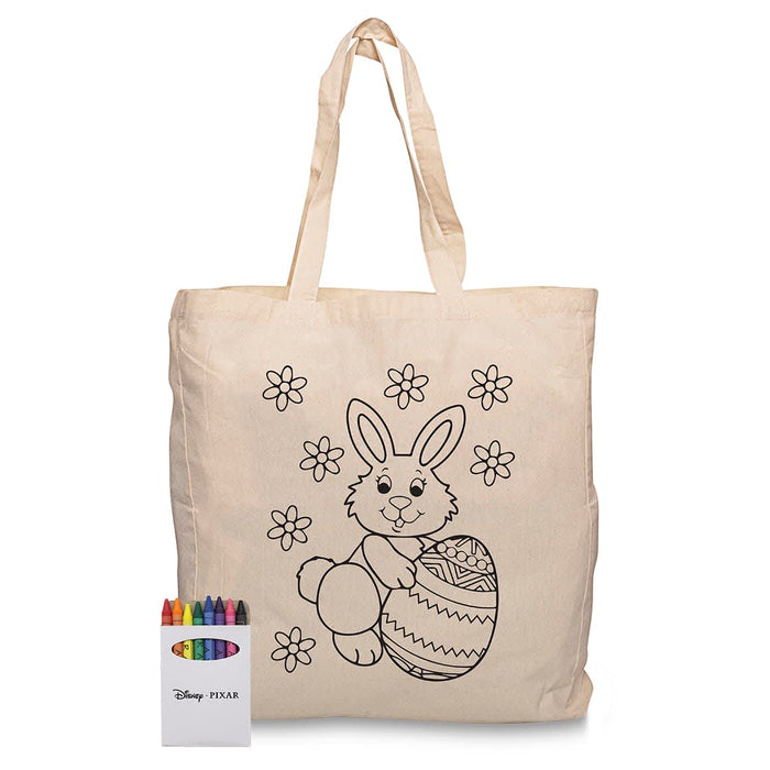 Squiggle Calico bag + Crayon set - A cream calico bag featuring a colouring design of a bunny and flowers, accompanied by a set of crayons.