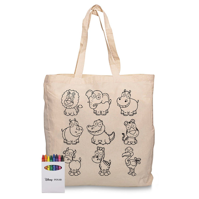 Squiggle Calico bag + Crayon set - A cream-coloured tote bag featuring outlined animal illustrations alongside a crayon set in vibrant colours.