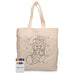 Squiggle Calico bag + Crayon set - A cream calico bag featuring a colouring design of a Christmas stocking, accompanied by a crayon set in various colours.