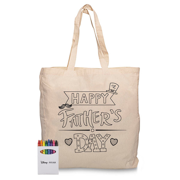Squiggle Calico bag + Crayon set - A calico tote bag in natural colour featuring a Father's Day design, accompanied by a set of colourful crayons.