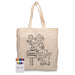 Squiggle Calico bag + Crayon set - A cream-coloured calico bag featuring monkey designs and a set of crayons in various colours beside it.