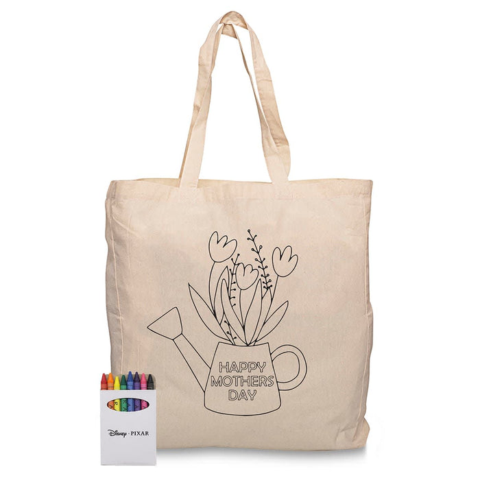 Squiggle Calico bag + Crayon set - A cream canvas tote bag featuring a plant design, accompanied by a crayon set in various colours.