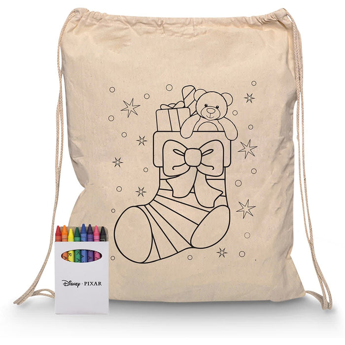 Squiggle Calico Drawstring Bag + Crayon set - A cream drawstring bag featuring a bear and gifts design, alongside a set of colourful crayons in a box.