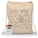Squiggle Calico Drawstring Bag + Crayon set - A cream drawstring bag featuring a playful space-themed design, accompanied by a crayon set in various colours.