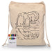 Squiggle Calico Drawstring Bag + Crayon set - A natural canvas drawstring bag with a dinosaur illustration, accompanied by a set of coloured crayons in a branded box.