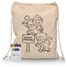 Squiggle Calico Drawstring Bag + Crayon set - A beige drawstring bag featuring monkey illustrations and a crayon set with multiple colours.