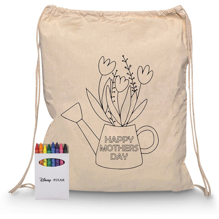 Squiggle Calico Drawstring Bag + Crayon set - A beige drawstring bag featuring a watering can and flowers design, alongside a crayon set in various colours.