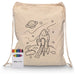 Squiggle Calico Drawstring Bag + Crayon set - A cream drawstring bag featuring a rocket ship design, accompanied by a crayon set in various colours.