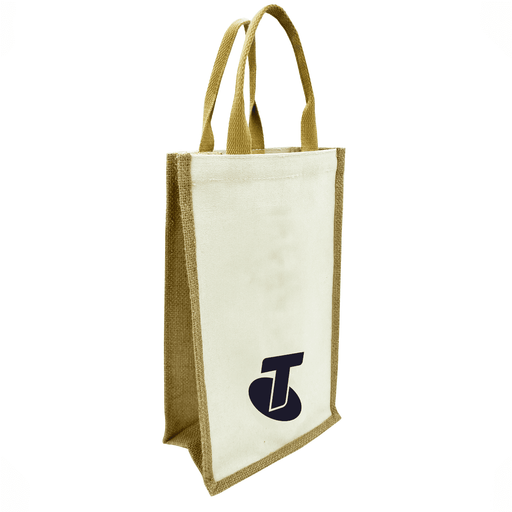 Jute Double Wine Bag - A jute double wine bag in natural and brown hues, featuring carry handles and a logo on one side.
