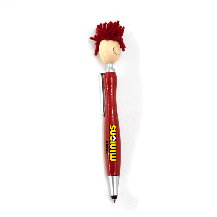 Mop Head Pen with Stylus - A red pen featuring a character head with mop-like hair, complete with a logo and a stylus tip.