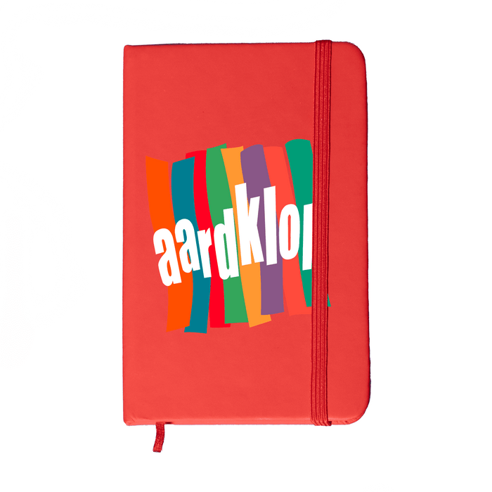 Minichroma A6 Notebook - A red Minichroma A6 Notebook with a colourful design and an elastic band closure. It features a logo on the front.