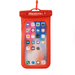 Waterproof Phone Pouch - A waterproof phone pouch in bright red with a transparent front, featuring a logo at the top.